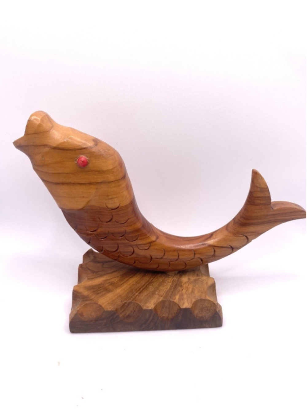 Vintage MCM Carved Wooden Koi Fish Fondue Fork Holder Teak Wood Red Eyes